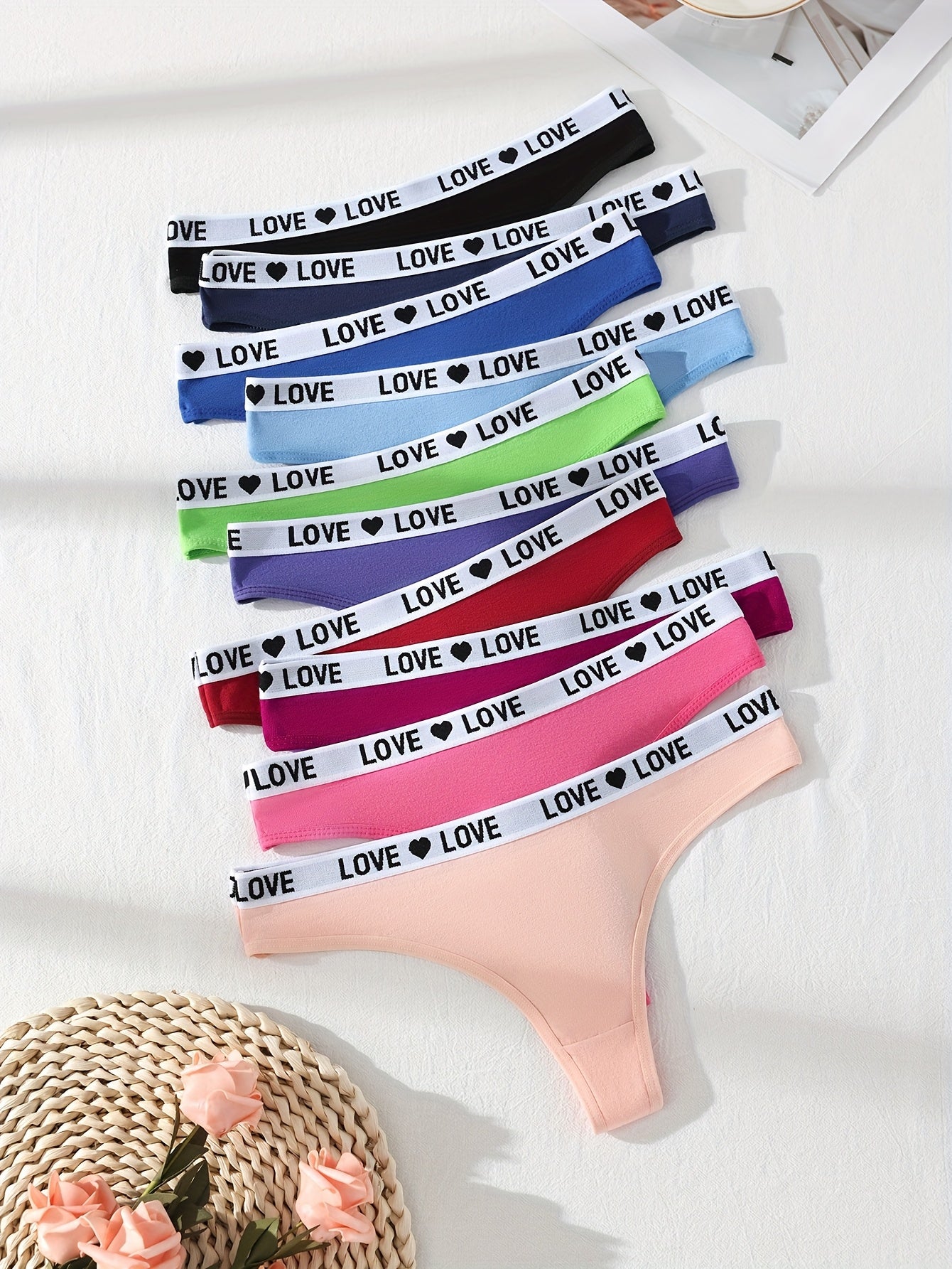 10-Pack Women's Cotton Thongs - Rainbow Colorful LOVE Letter Print, Sporty Breathable & Sweat-Absorbing Underwear for Travel, Invisible Confident Fit. Store ARBELLA'S