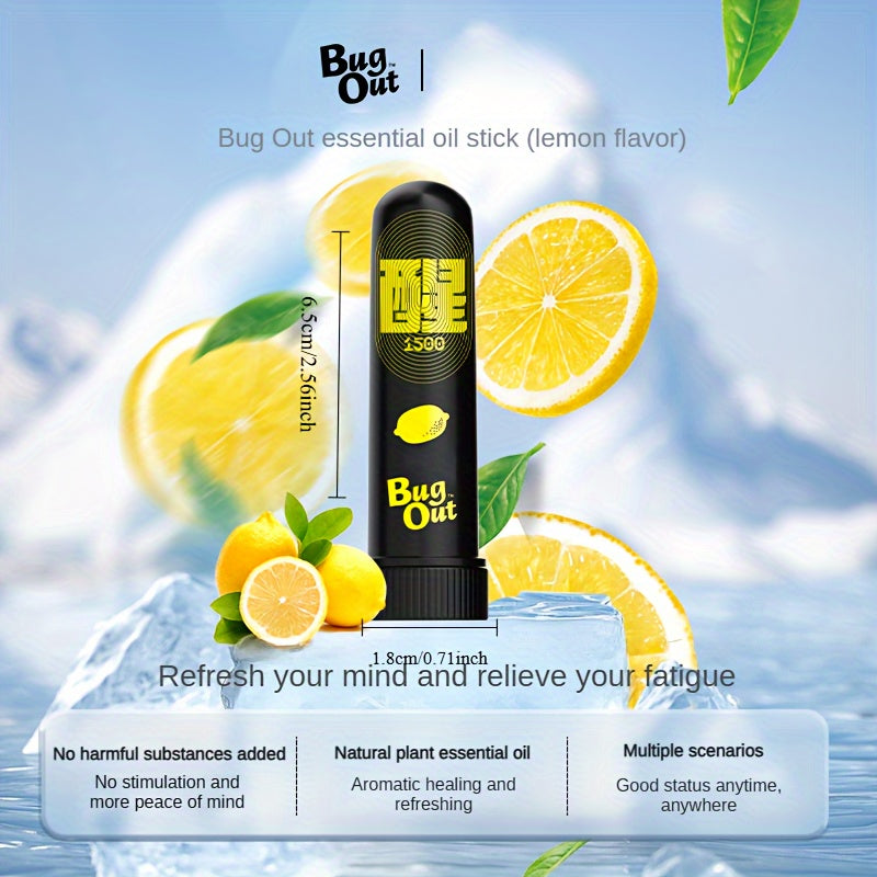 Bug Out Essential Oil Stick: Lemon Flavor, 1.5ml, 0.2oz, Aromatherapy for Mind Refreshment and Fatigue Relief