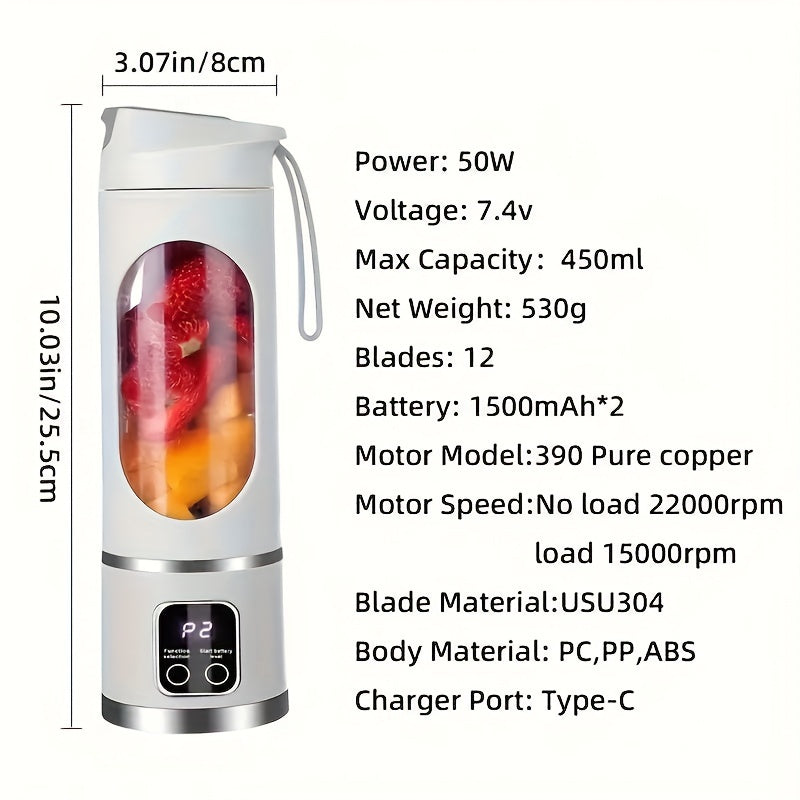 Portable 15.22oz Usb Rechargeable Blender With Led Display - Ideal For Milkshakes & Fresh Juice, Durable Abs Material