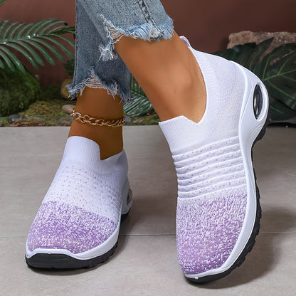 Women's Breathable Knit Sneakers - Comfortable Air Cushion, Slip-On Casual Shoes With Non-Slip Sole For Outdoor Activities