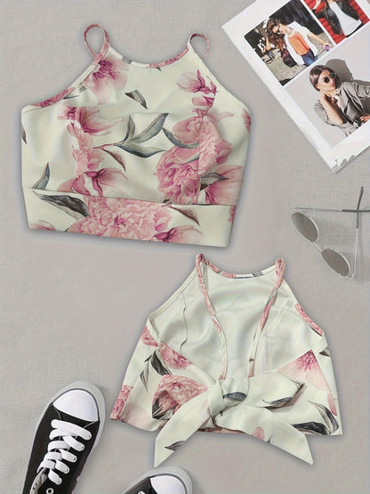 Flirty Floral Print Two-Piece Outfit Set - Flowy Tie Back Cami Top & High-Waisted Pants - Chic, Elegant, and Feminine Style - Perfect for Any Occasion