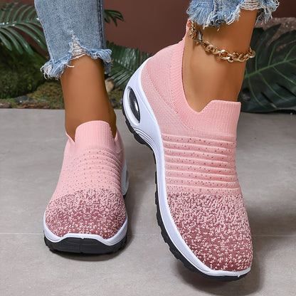 Women's Breathable Knit Sneakers - Comfortable Air Cushion, Slip-On Casual Shoes With Non-Slip Sole For Outdoor Activities