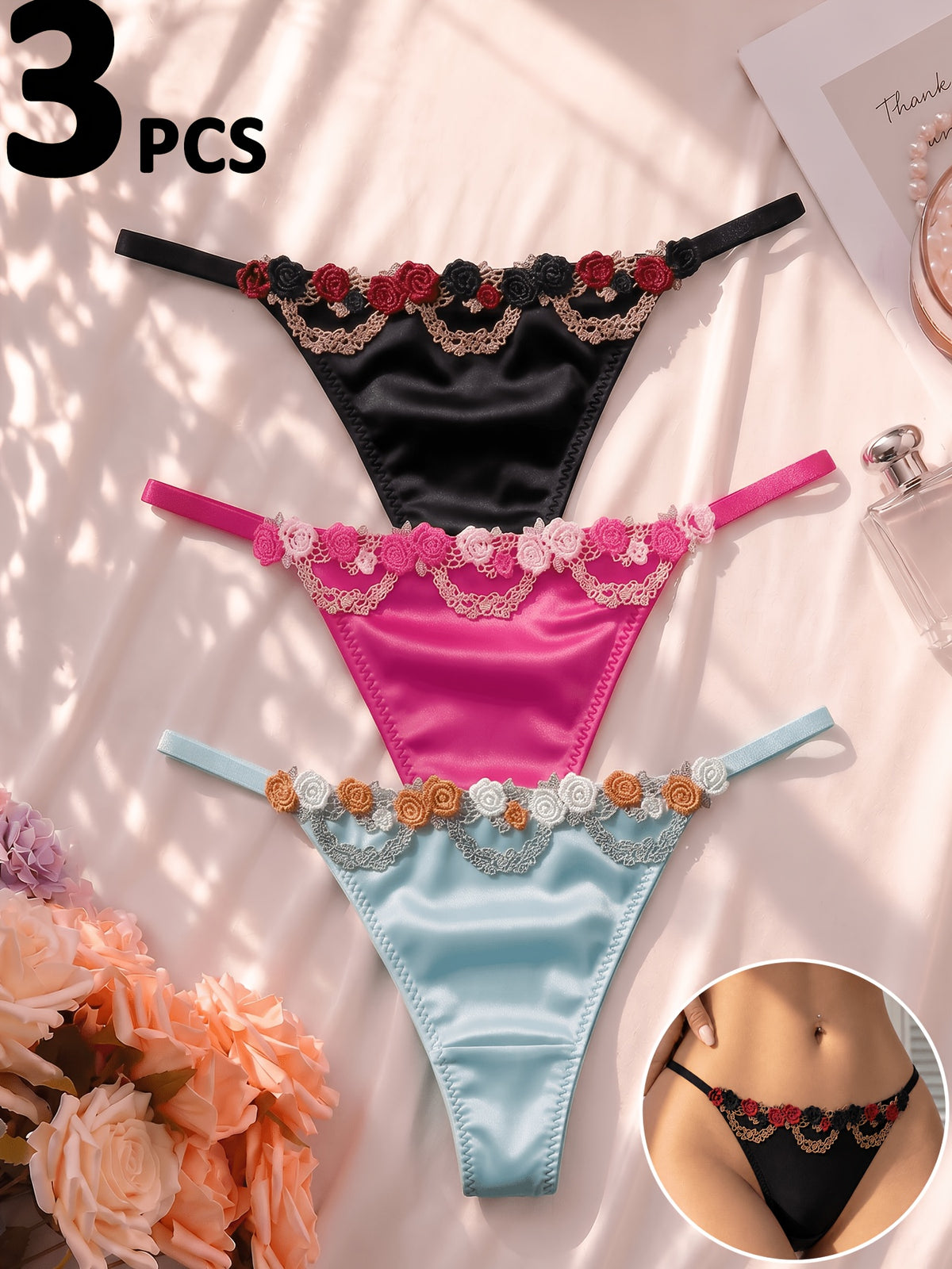 Juego de 3 tangas de encaje floral para mujer, bragas elegantes de tiro medio liso para dama, ropa interior suave de uso diario. 9