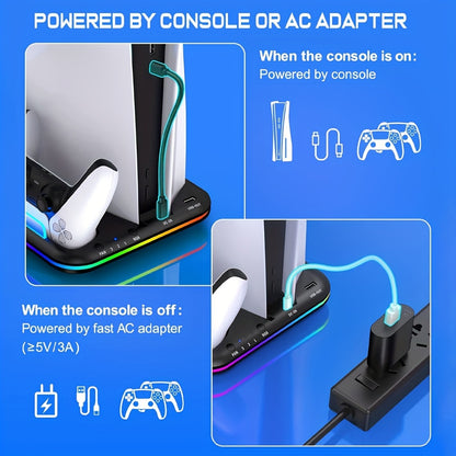 RGB PS5 Cooling Stand & Rapid Charger - High-Performance Fan, Dual Dock, Compatible with Disc & Digital Edition, 6 Game Slots, Screws & Dust Cover.