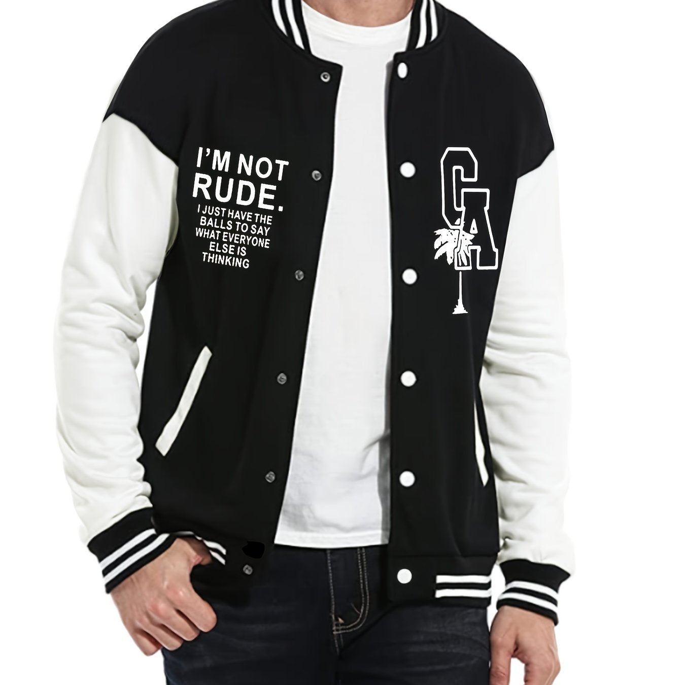 Letter Print Warm Varsity Jacket, Men's Casual Color Block Button Up Jacket For Fall Winter School Baseball