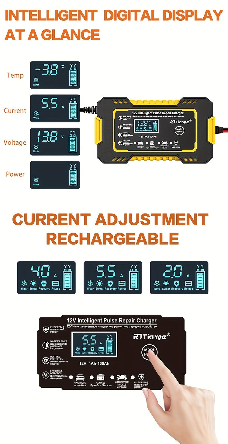 Advanced 12V 6A Smart Car Battery Charger - Fast Pulse Repair, LCD Display, AGM Deep Cycle GEL Lead-Acid Compatible, Auto and Motorcycle Battery Charger with Multi-Protection