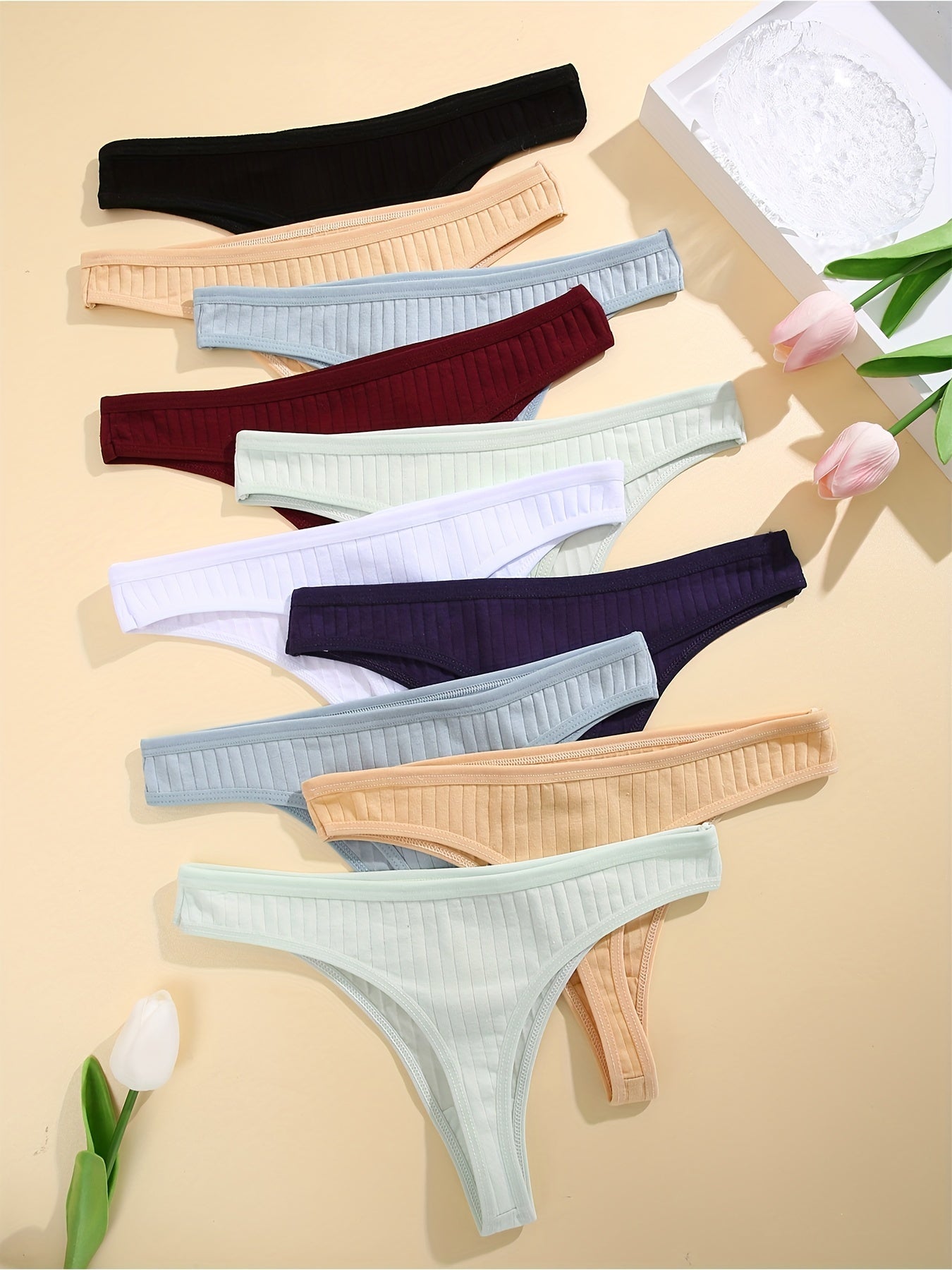 10pcs Skin-Friendly Ribbed Thong Panties, Comfy & Breathable Low Waist Cotton Panties, Women's Lingerie & Underwear