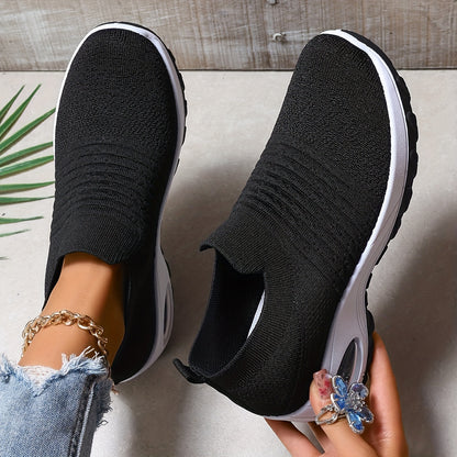 Women's Breathable Knit Sneakers - Comfortable Air Cushion, Slip-On Casual Shoes With Non-Slip Sole For Outdoor Activities