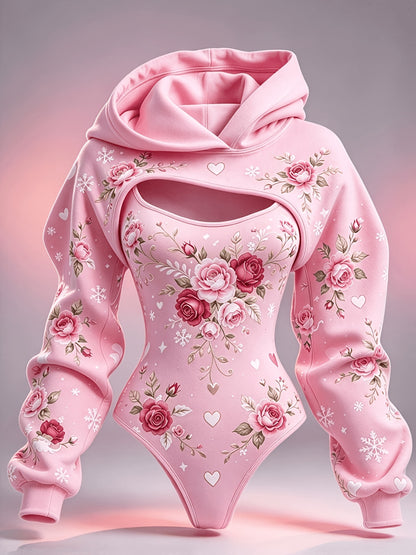 Conjunto Rosa de Dos Piezas para Mujer, que incluye un mono rosa con rosa roja, copo de nieve, corazón y estampados, una capa con capucha y un conjunto de ropa de dormir de invierno romántico y dulce de manga larga con un mono con capucha.