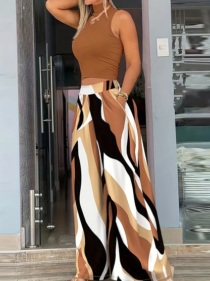 Women's Casual Elegance Mock Neck Wide-Leg Pants Featuring Wave Patterns and Floral Shapes Store ARBELLA'S