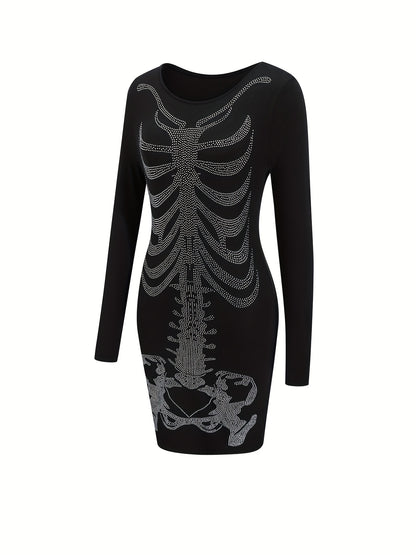 Rhinestone Skeleton Dress, Casual Crew Neck Long Sleeve Costume Dress, Women's Clothing