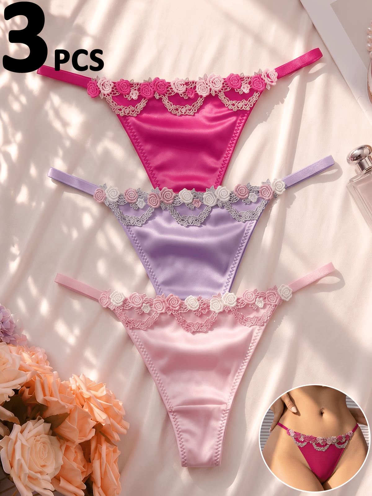 Juego de 3 tangas de encaje floral para mujer, bragas elegantes de tiro medio liso para dama, ropa interior suave de uso diario. 10