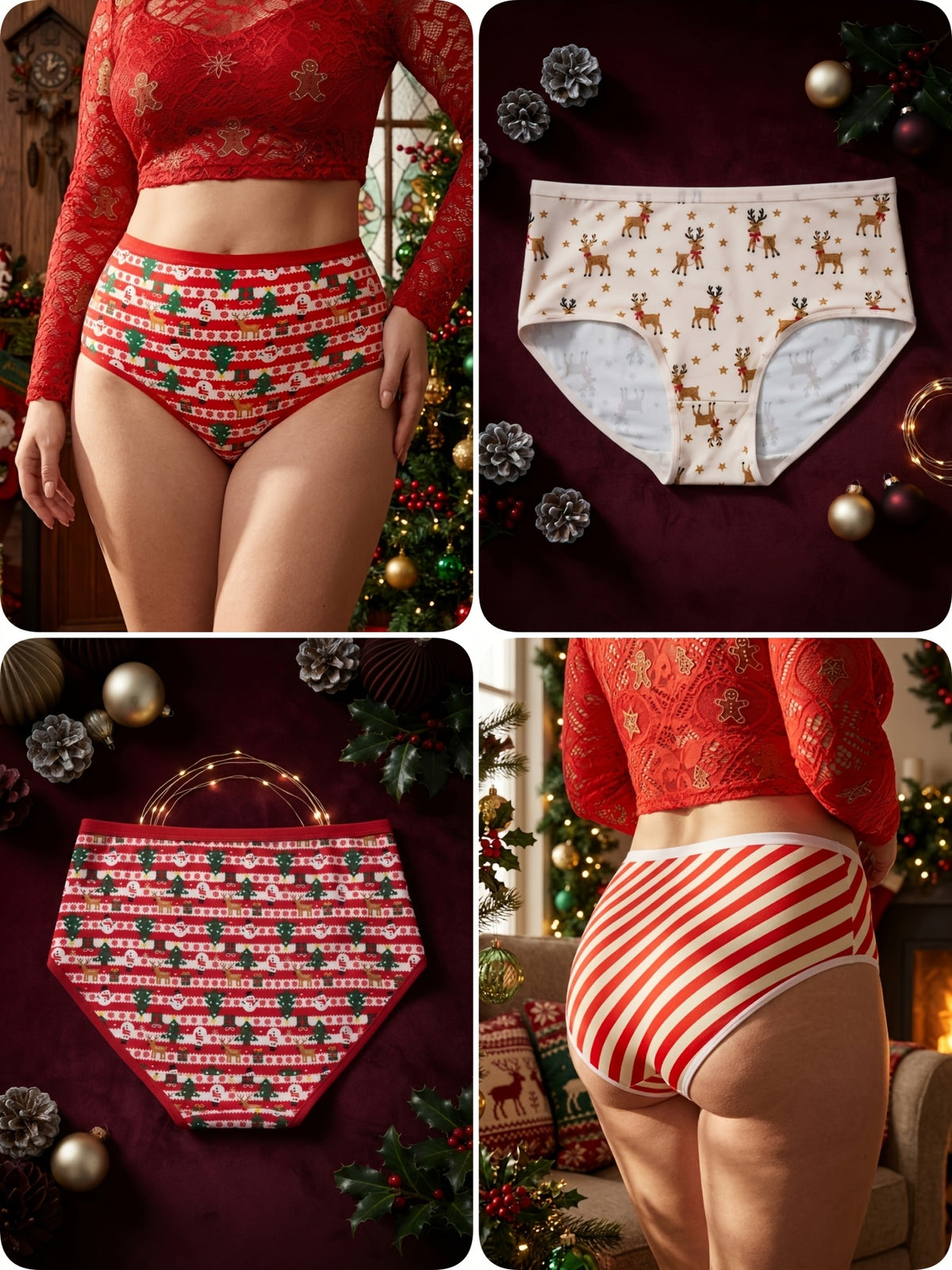 Paquete de 6 bragas de tiro medio a alto para mujer, estampado festivo de Navidad y Año Nuevo. 8