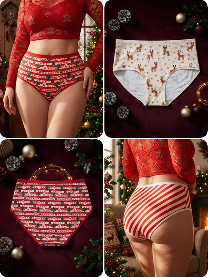 Paquete de 6 bragas de tiro medio a alto para mujer, estampado festivo de Navidad y Año Nuevo. 8