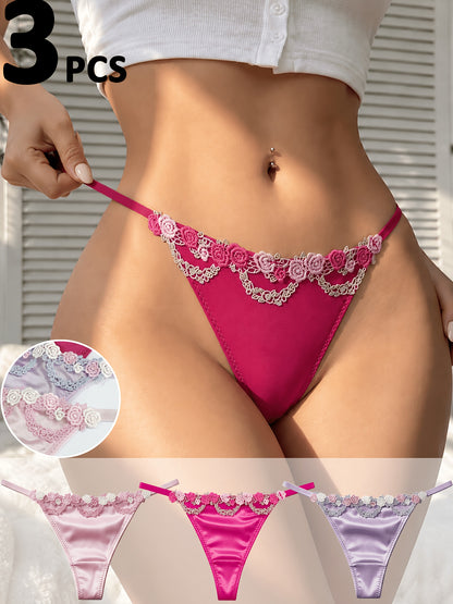 Juego de 3 tangas de encaje floral para mujer, bragas elegantes de tiro medio liso para dama, ropa interior suave de uso diario. 3