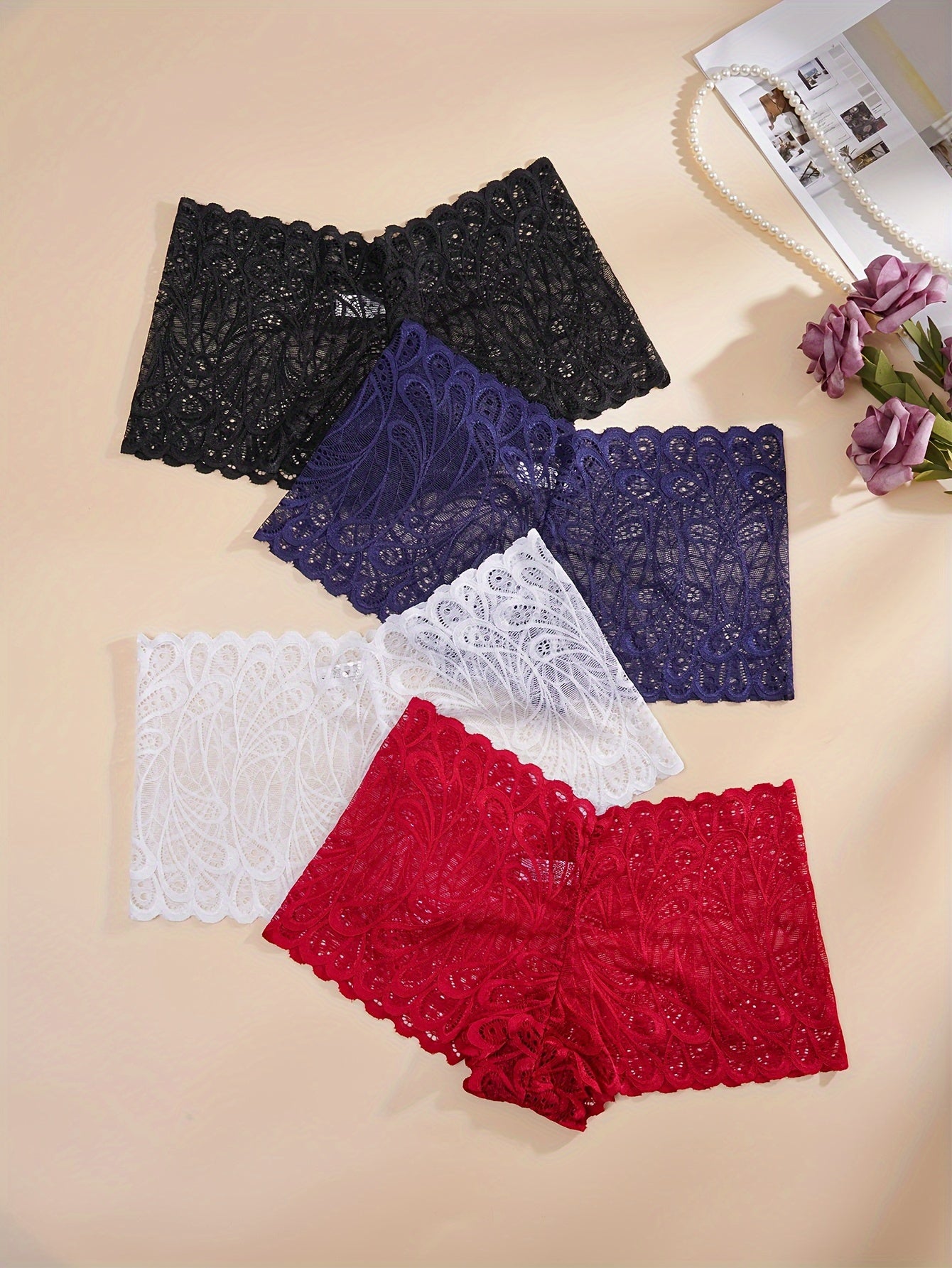 4pcs Romantic Floral Lace Panties - Luxurious Soft & Comfortable Sheer Lingerie Set for Women - Seamless Stretchy Underwear for Everyday Feminine Elegance