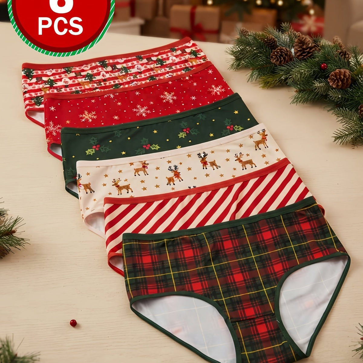 Paquete de 6 bragas de tiro medio a alto para mujer, estampado festivo de Navidad y Año Nuevo. 9