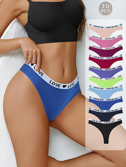 10-Pack Women's Cotton Thongs - Rainbow Colorful LOVE Letter Print, Sporty Breathable & Sweat-Absorbing Underwear for Travel, Invisible Confident Fit. Store ARBELLA'S
