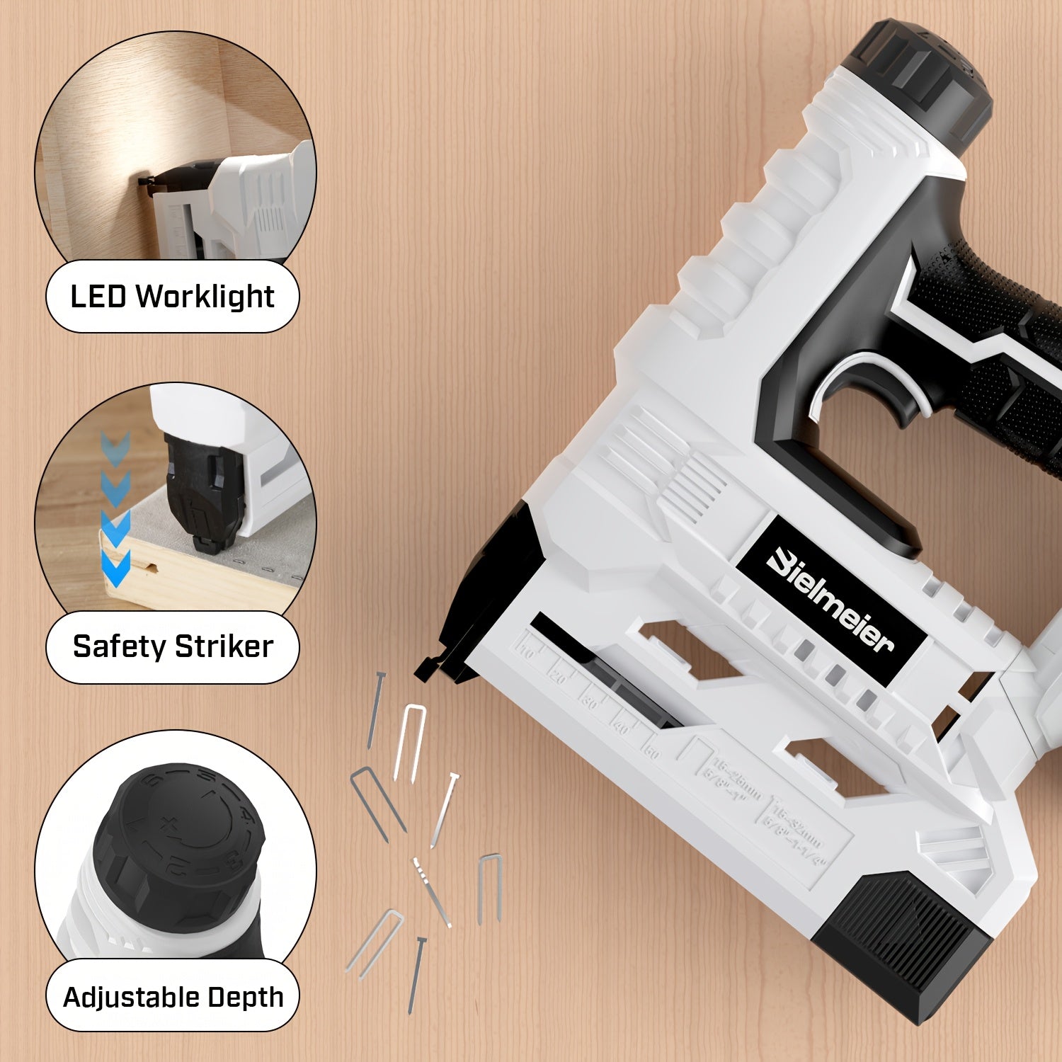 Cordless 2-in-1 Nail Gu] Bielmeier 2-in-1 Cordless Nail Gun 20V/4V, No Compressor, No Cord, Lightweight Design for Carpentry & Upholstery, with LED Work Light, Safety Striker Guard, Adjustable Depth, Battery & Charger, 1600/2 Store ARBELLA'S