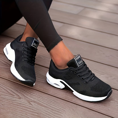 Women's Air Cushion Running Sneakers, Solid Color Breathable Low Top Walking Trainers, Casual Outdoor Gym Shoes  Plus Size