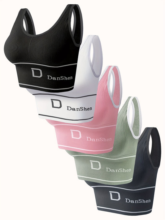 5-Pack DanSheer High-Impact Sports Bras - Full Coverage Wireless Yoga & Running Bras, Breathable Nylon Blend, High Elasticity with Removable Pads, Machine Washable, Multiple Colors. Store ARBELLA'S