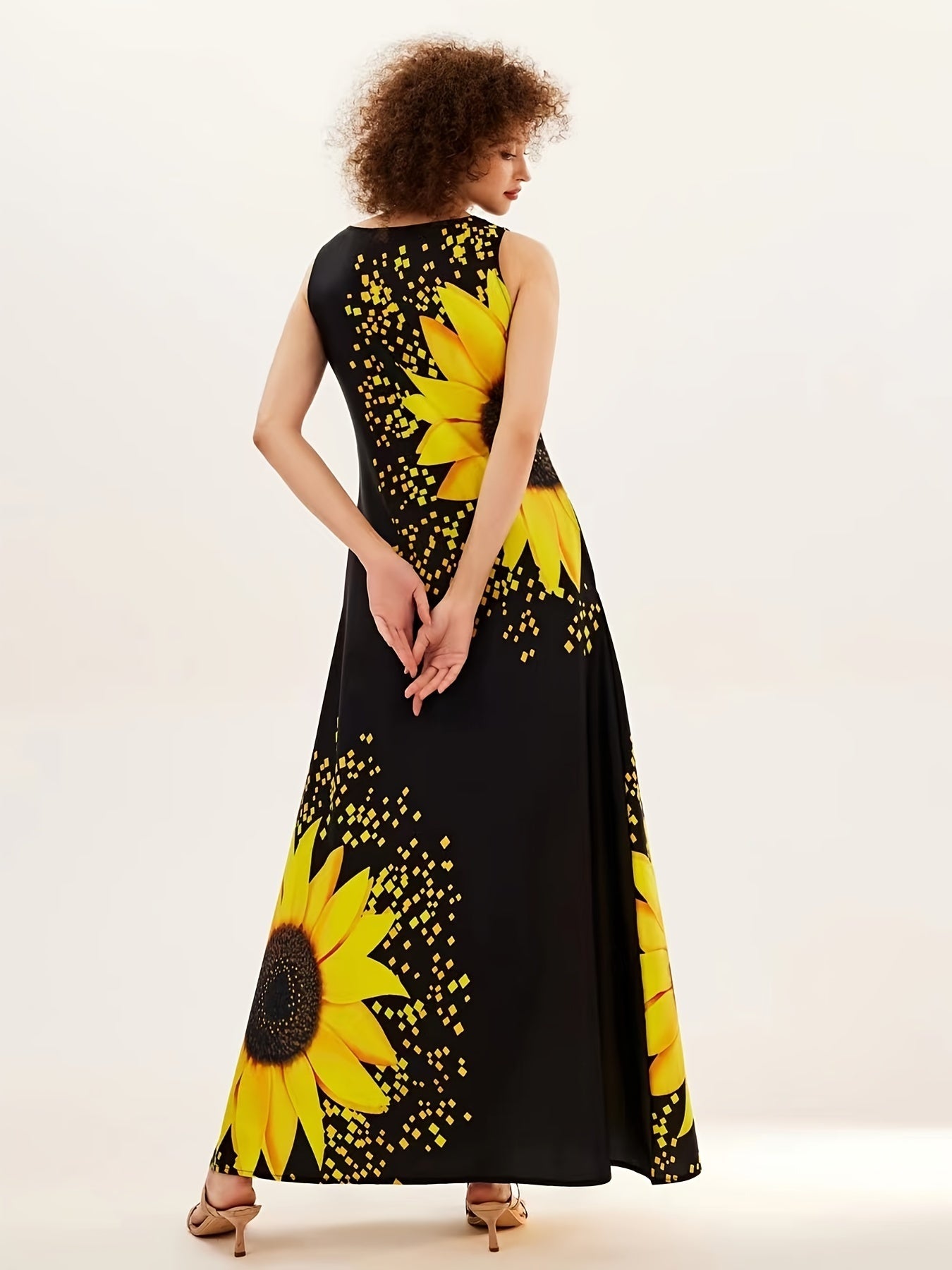 Sunflower Print Keyhole Dress, Casual Crew Neck Sleeveless Maxi Dress With Pocket, Women's Clothing For Elegant Dressing Store ARBELLA'S