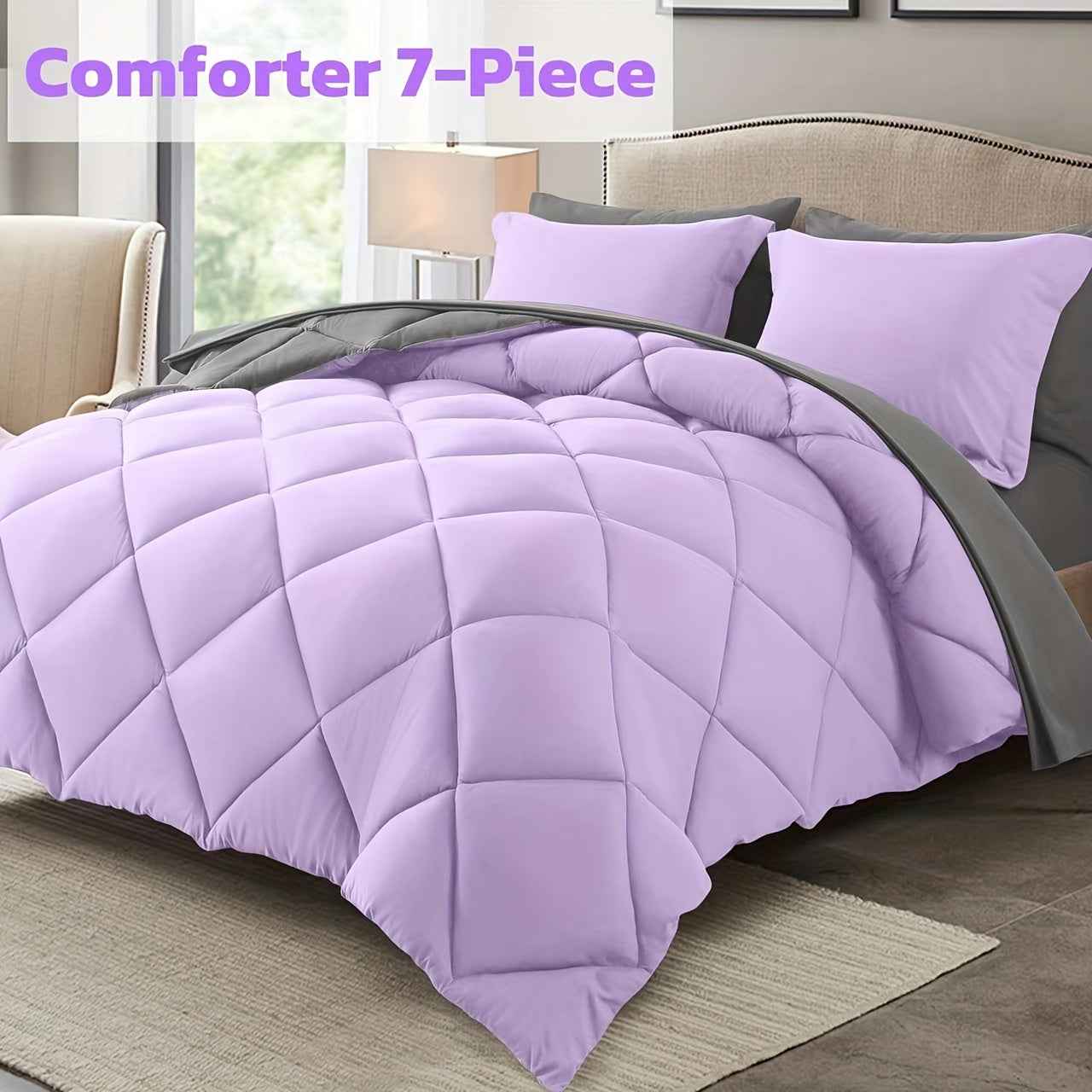 7pcs Luxurious Ultra-Soft Comforter Set | Breathable, Quilted Comforter, Flat Sheet, Fitted Sheet, Pillowcases, Pillow Shams | Warmth for All Seasons, School, Valentine's Day, Boys And Girls, Bed In A Bag Store ARBELLA'S