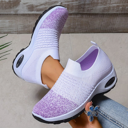 Women's Breathable Knit Sneakers - Comfortable Air Cushion, Slip-On Casual Shoes With Non-Slip Sole For Outdoor Activities