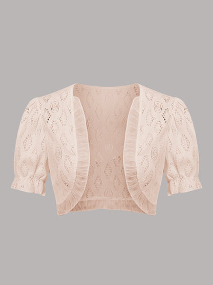 Solid Eyelet Glamour - Flirty Puff Sleeve Crop Cardigan Top - Chic Open Front for Fashion-Forward Women