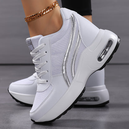 Women's Breathable Mesh Sneakers - Casual Lace-Up, Height-Boosting Platform Shoes with Air Cushion Comfort for All Seasons