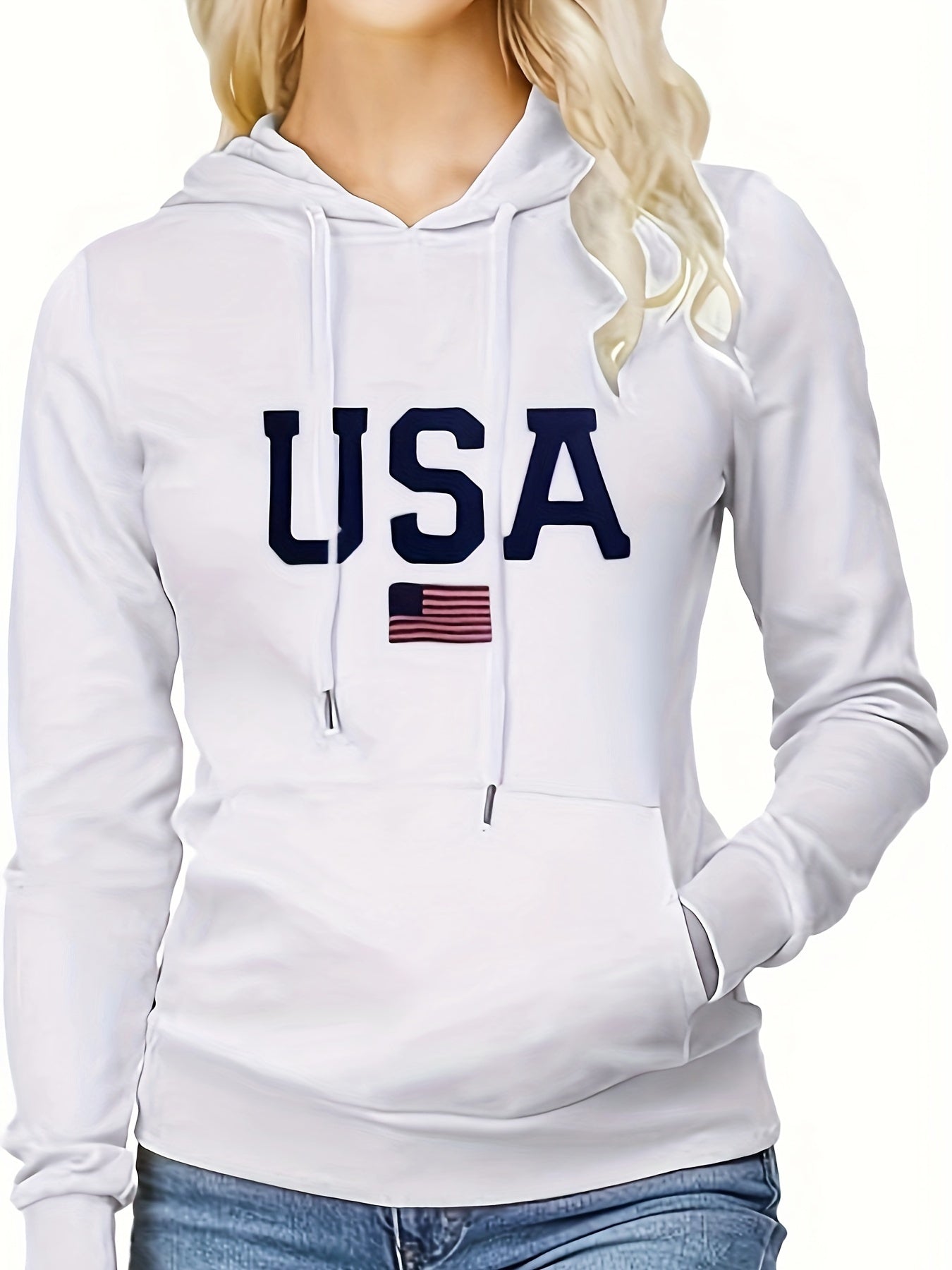 Stylish USA Flag Print Kangaroo Pocket Hoodie - Women's Casual Long Sleeve Drawstring Sweatshirt with Relaxed Fit, Soft Fleece Lining, and Adjustable Hood - Perfect for Everyday Wear