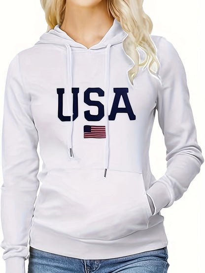 Stylish USA Flag Print Kangaroo Pocket Hoodie - Women's Casual Long Sleeve Drawstring Sweatshirt with Relaxed Fit, Soft Fleece Lining, and Adjustable Hood - Perfect for Everyday Wear