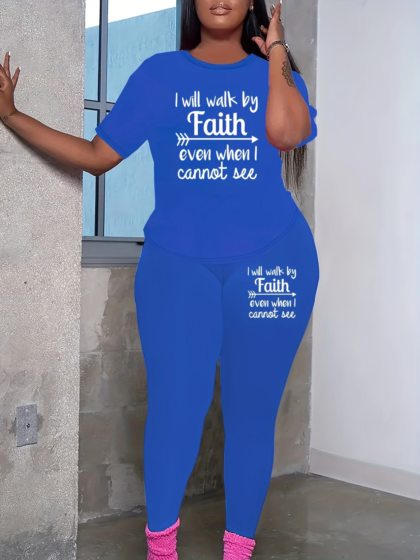 Casual Faith Letter Print Pantsuit, Short Sleeve T-shirt & Skinny Pants Outfits, Women's Clothing