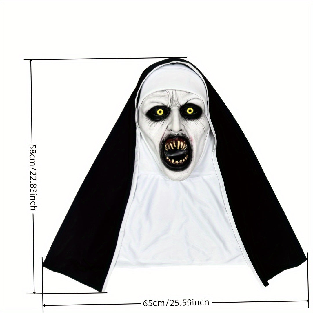 Halloween Witch & Wizard Theme Nun Mask with Headscarf - Scary Latex Full Head Costume Accessory, Horror Devil Cosplay Party Prop, Scream Mouth Design, No Power Required