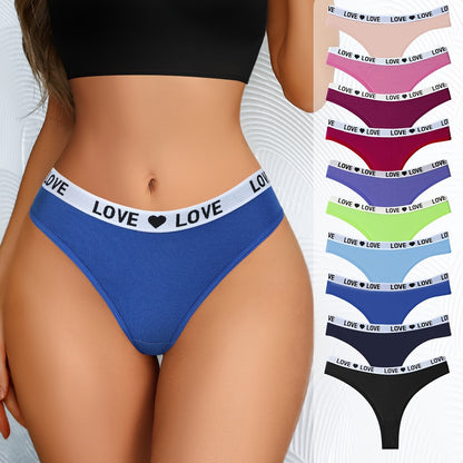 10-Pack Women's Cotton Thongs - Rainbow Colorful LOVE Letter Print, Sporty Breathable & Sweat-Absorbing Underwear for Travel, Invisible Confident Fit. Store ARBELLA'S