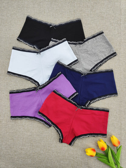 6 Pcs Elegant Cotton Boyshorts & Boxers - Soft, Breathable, Stretchy, Comfy Intimates with Color Block Pattern - JHDOB Womens Lingerie & Underwear