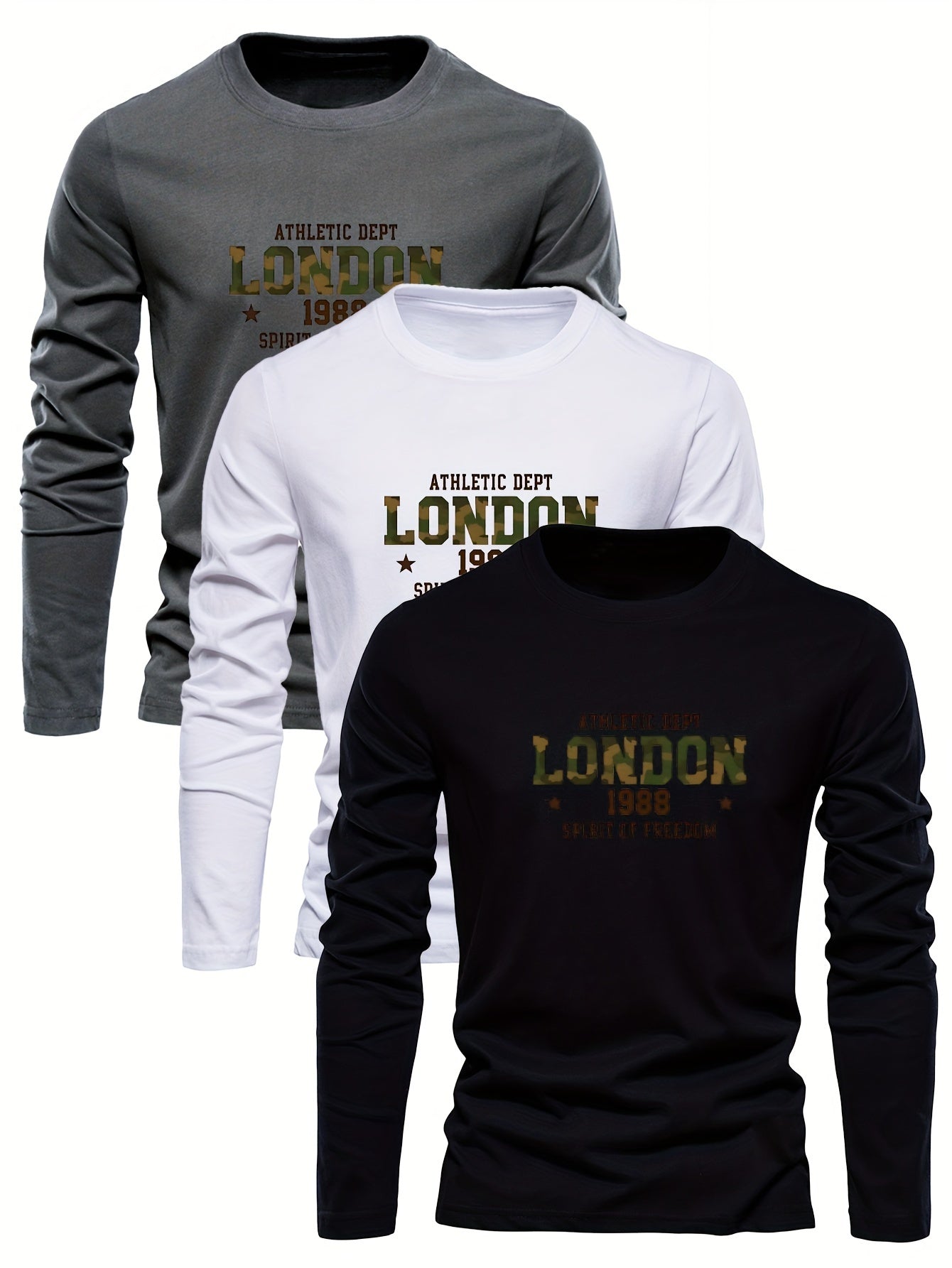 Men's 3-Pack 100% Cotton Long Sleeve T-Shirts, Casual Athletic Dept London 1988 Print, Soft Knit Fabric, Round Neck, Regular Fit, for Leisure Outings