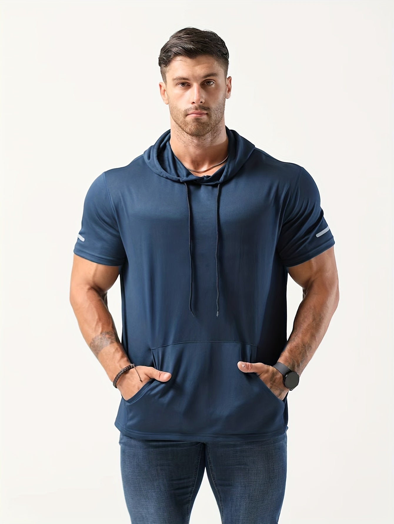 Men's Quick-Dry Hoodie - Breathable, 4-Way Stretch, Sweat-Wicking Polyester, Relaxed Fit for Sports & Casual Wear, White with Blue Drawstrings Store ARBELLA'S