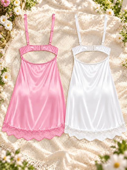 [Easdoing] Conjunto de Camisola de Satén para Mujer, 2 Piezas, Camisón de Encaje Bordado Floral con Dobladillo Asimétrico, Vestido de Casa con Cuello en V, Combinación Rosa y Blanca 2
