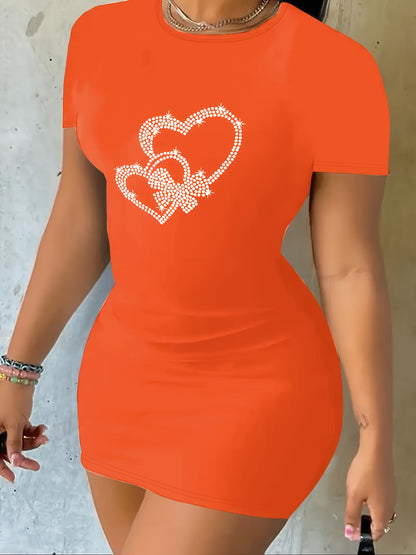 Stunning Rhinestone Heart Bodycon Dress, Short Sleeve Crew Neck Casual Women's Clothing for a Chic Look