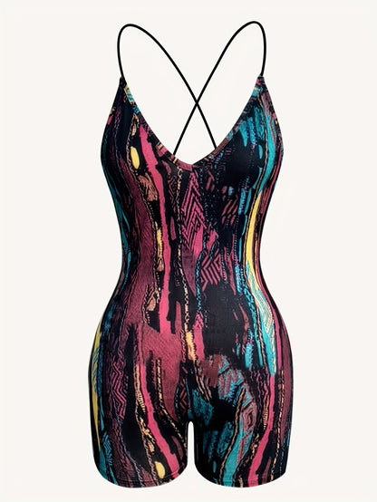 Allover Print Low Cut Romper Jumpsuit, Sexy Backless Cross Spaghetti Strap Skinny Romper Jumpsuit, Women's Clothing