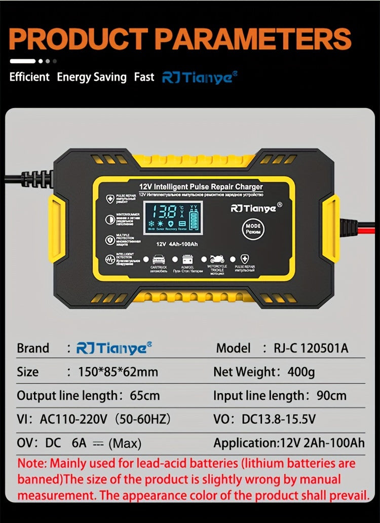 Advanced 12V 6A Smart Car Battery Charger - Fast Pulse Repair, LCD Display, AGM Deep Cycle GEL Lead-Acid Compatible, Auto and Motorcycle Battery Charger with Multi-Protection