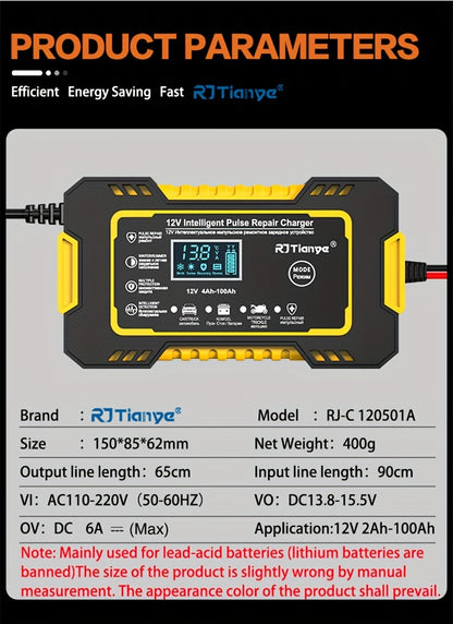 Advanced 12V 6A Smart Car Battery Charger - Fast Pulse Repair, LCD Display, AGM Deep Cycle GEL Lead-Acid Compatible, Auto and Motorcycle Battery Charger with Multi-Protection