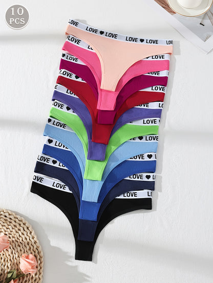 10-Pack Women's Cotton Thongs - Rainbow Colorful LOVE Letter Print, Sporty Breathable & Sweat-Absorbing Underwear for Travel, Invisible Confident Fit. Store ARBELLA'S