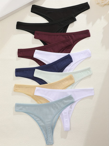 10pcs Skin-Friendly Ribbed Thong Panties, Comfy & Breathable Low Waist Cotton Panties, Women's Lingerie & Underwear