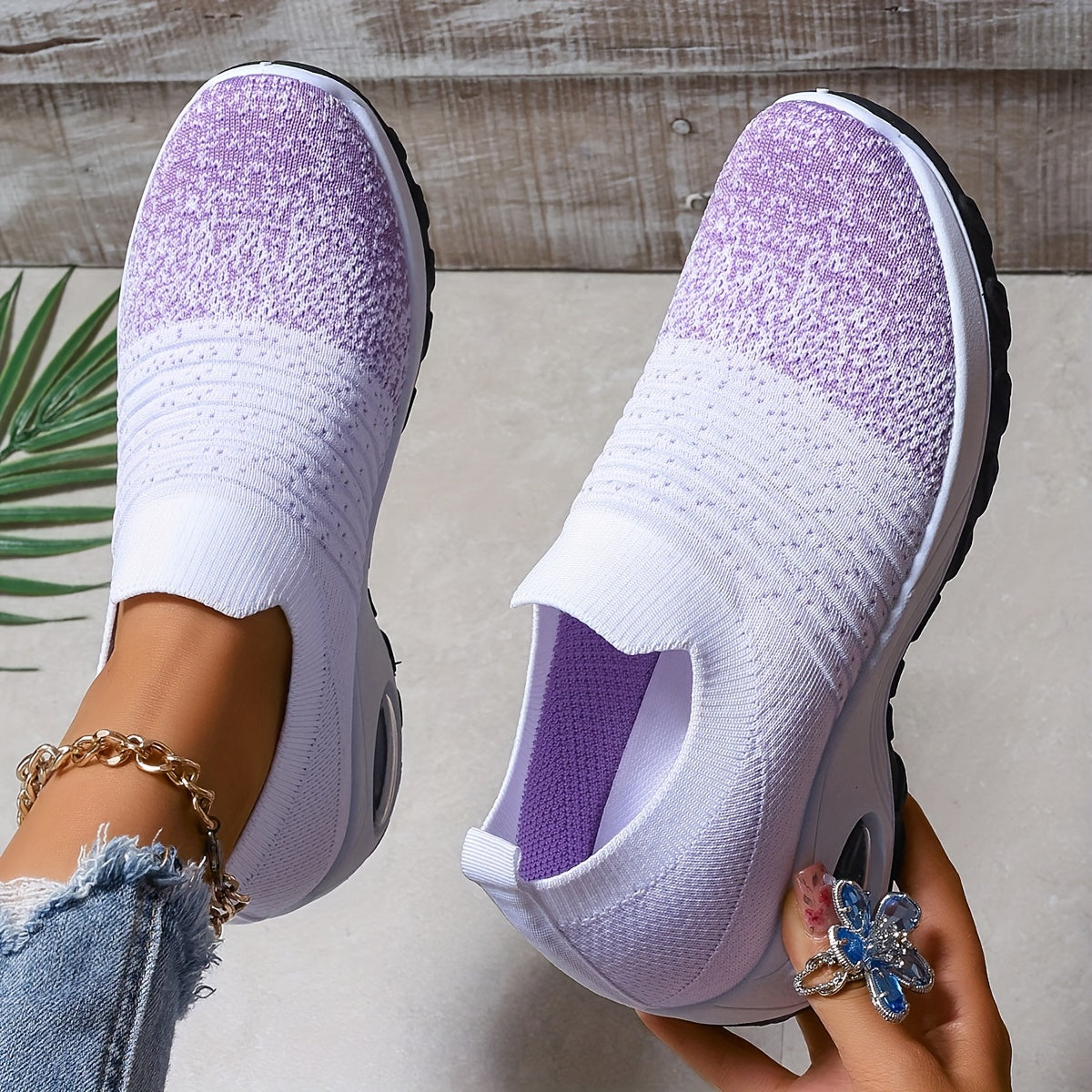 Women's Breathable Knit Sneakers - Comfortable Air Cushion, Slip-On Casual Shoes With Non-Slip Sole For Outdoor Activities