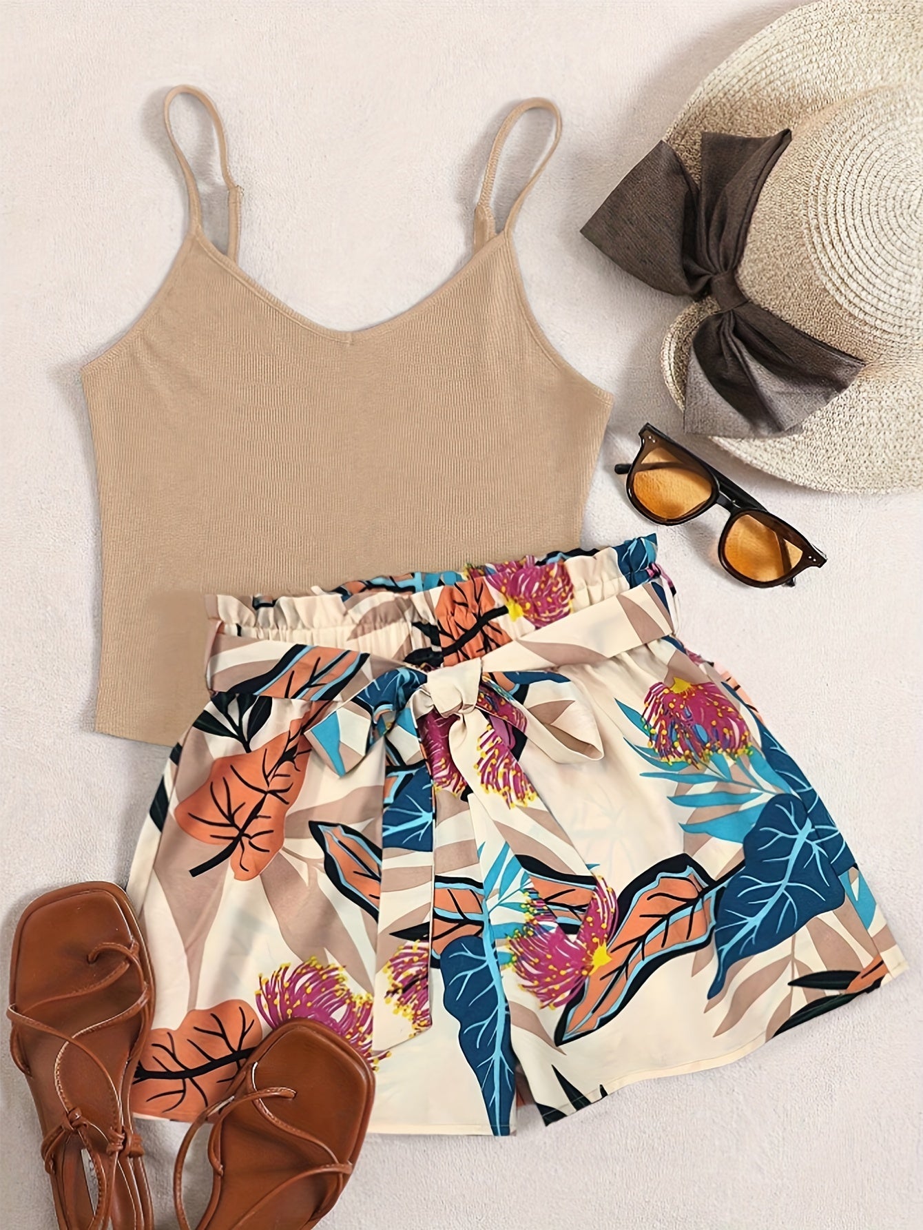 Lightweight Womens Vacation Shorts Outfit Set - Sleeveless V-Neck Cami Top with Vibrant Plants Print & Belted Paperbag Waist Loose Shorts