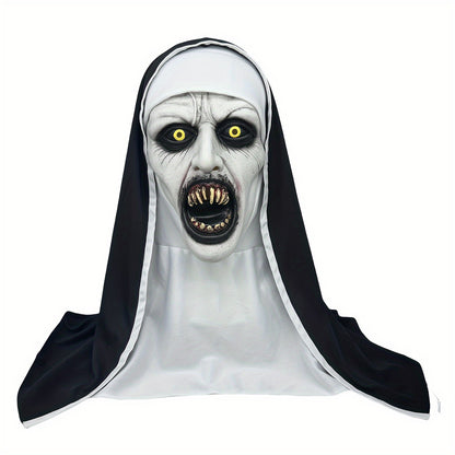 Halloween Witch & Wizard Theme Nun Mask with Headscarf - Scary Latex Full Head Costume Accessory, Horror Devil Cosplay Party Prop, Scream Mouth Design, No Power Required