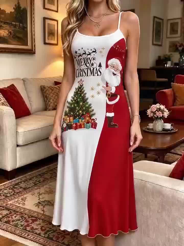 Camisola de noche estilo navideño con bloques de color, vestido largo para mujer con estampado de árbol de Navidad y Papá Noel 6