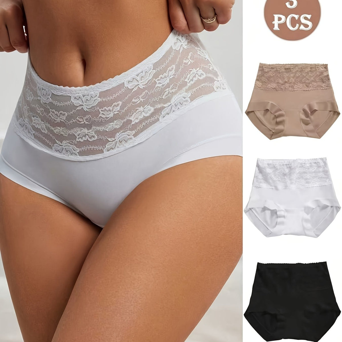 Conjunto de 3 piezas de ropa interior para mujer de cintura alta, elegante y con contorno - Control de abdomen y realce. 7
